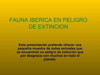 Esta presentación pretende ofrecer una pequeña muestra de todos animales que se encuentran en peligro de extinción que por desgracia son muchos en todo el planeta  FAUNA IBERICA EN PELIGRO DE EXTINCION 