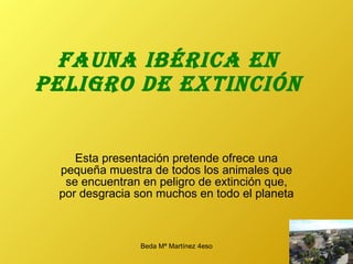 Fauna ibérica en peligro de extinción Esta presentación pretende ofrece una pequeña muestra de todos los animales que se encuentran en peligro de extinción que, por desgracia son muchos en todo el planeta 
