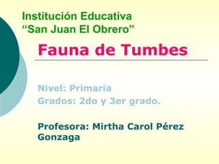 Institución Educativa “San Juan El Obrero” Fauna de Tumbes Nivel: Primaria Grados: 2do y 3er grado. Profesora: Mirtha Carol Pérez Gonzaga 