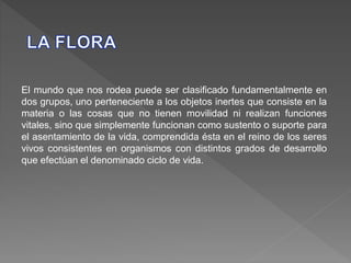 El mundo que nos rodea puede ser clasificado fundamentalmente en
dos grupos, uno perteneciente a los objetos inertes que consiste en la
materia o las cosas que no tienen movilidad ni realizan funciones
vitales, sino que simplemente funcionan como sustento o suporte para
el asentamiento de la vida, comprendida ésta en el reino de los seres
vivos consistentes en organismos con distintos grados de desarrollo
que efectúan el denominado ciclo de vida.
 