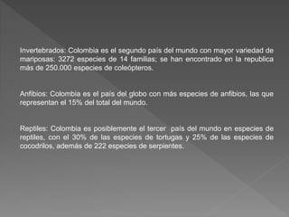 Invertebrados: Colombia es el segundo país del mundo con mayor variedad de
mariposas: 3272 especies de 14 familias; se han encontrado en la republica
más de 250.000 especies de coleópteros.
Anfibios: Colombia es el país del globo con más especies de anfibios, las que
representan el 15% del total del mundo.
Reptiles: Colombia es posiblemente el tercer país del mundo en especies de
reptiles, con el 30% de las especies de tortugas y 25% de las especies de
cocodrilos, además de 222 especies de serpientes.
 