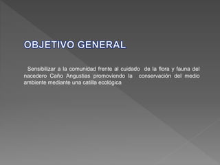 Sensibilizar a la comunidad frente al cuidado de la flora y fauna del
nacedero Caño Angustias promoviendo la conservación del medio
ambiente mediante una catilla ecológica
 