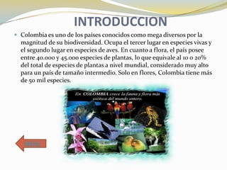 INTRODUCCION
 Colombia es uno de los países conocidos como mega diversos por la

magnitud de su biodiversidad. Ocupa el tercer lugar en especies vivas y
el segundo lugar en especies de aves. En cuanto a flora, el país posee
entre 40.000 y 45.000 especies de plantas, lo que equivale al 10 o 20%
del total de especies de plantas a nivel mundial, considerado muy alto
para un país de tamaño intermedio. Solo en flores, Colombia tiene más
de 50 mil especies.

MENU

 