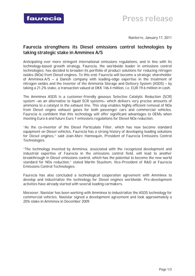 Faurecia strengthens its Diesel emissions control technologies by