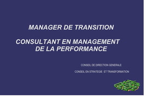 MANAGER DE TRANSITION 
CONSULTANT EN MANAGEMENT 
DE LA PERFORMANCE 
CONSEIL DE DIRECTION GENERALE 
CONSEIL EN STRATEGIE ET TRANSFORMATION 
 