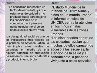 FAUSTO
➢

La educación representa un
factor determinante, ya que
ésta no es de calidad y no
produce frutos para mejorar
las condiciones de la
comunidad, ahí para esa
gente estudiar no sirve de
nada si existe Nueva York.

La desigualdad social es uno de
los indicadores más visibles de
la pobreza en América Latina, lo
que implica altos niveles de
carencias en medio de una
riqueza potencial en producción
de alimentos, recursos naturales
y producto interno bruto.
➢

UNICEF

“Estado Mundial de la
Infancia de 2012: Niñas y
niños en un mundo urbano”,
el informe principal de
UNICEF, centra la atención
en los niños y niñas
vulnerables de las zonas
urbanas.
➢Las disparidades dentro de
las ciudades revelan que
muchos de ellos carecen de
acceso a las escuelas, la
atención de la salud y el
saneamiento, a pesar de
vivir junto a estos servicios.
➢

 