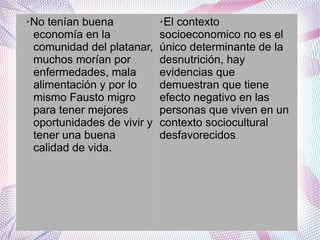 No tenían buena
economía en la
comunidad del platanar,
muchos morían por
enfermedades, mala
alimentación y por lo
mismo Fausto migro
para tener mejores
oportunidades de vivir y
tener una buena
calidad de vida.

➢

El contexto
socioeconomico no es el
único determinante de la
desnutrición, hay
evidencias que
demuestran que tiene
efecto negativo en las
personas que viven en un
contexto sociocultural
desfavorecidos.
➢

 