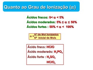 Química 
QQuuaannttoo aaoo GGrraauu ddee IIoonniizzaaççããoo ((a)) 
ÁÁcciiddooss ffrraaccooss:: 00<< a << 55%% 
ÁÁcciiddooss mmooddeerraaddooss:: 55%% £ a £ 5500%% 
ÁÁcciiddooss ffoorrtteess :: 5500%% << a <<  110000%% 
NNº ddee MMooll IIoonniizzaaddooss a == NN º IInniicciiaall ddee MMoollss 
ÁÁcciiddoo ffrraaccoo:: HHCCllOO 
ÁÁcciiddoo mmooddeerraaddoo:: HH33PPOO44 
ÁÁcciiddoo ffoorrttee :: HH22SSOO44 
HHCCllOO44 
 
