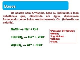 Química 
BBaasseess 
DDee aaccoorrddoo ccoomm AArrrrhheenniiuuss,, bbaassee oouu hhiiddrróóxxiiddoo éé ttooddaa 
ssuubbssttâânncciiaa qquuee,, ddiissssoollvviiddaa eemm áágguuaa,, ddiissssoocciiaa--ssee 
ffoorrnneecceennddoo ccoommoo âânniioonn eexxcclluussiivvaammeennttee OOHH-- ((hhiiddrrooxxiillaa oouu 
ooxxiiddrriillaa)).. 
NNaaOOHH ® NNaa++ ++ OOHH-- 
CCaa((OOHH))22 ® CCaa22++ ++ 22OOHH-- 
PPoossssuueemm OOHH-- ((ddiirreeiittaa));; 
MMeettaaiiss;; 
LLiigg.. Iôônniiccaass;; 
SSóólliiddaass;; 
FFiixxaass.. 
AAll((OOHH))33 ® AAll33++ ++ 33OOHH-- 
 