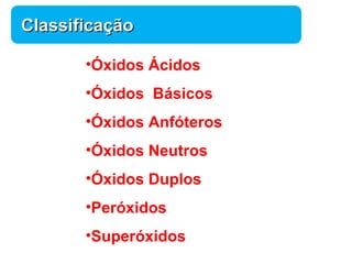 Química 
CCllaassssiiffiiccaaççããoo 
•Óxidos Ácidos 
•Óxidos Básicos 
•Óxidos Anfóteros 
•Óxidos Neutros 
•Óxidos Duplos 
•Peróxidos 
•Superóxidos 
 