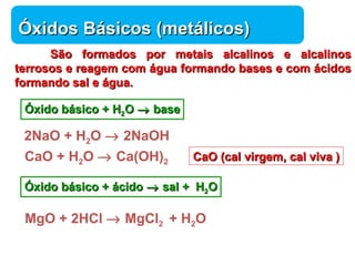 CCaaOO (ccaall vviirrggeemm,, ccaall vviivvaa )) 
Química 
ÓÓxxiiddooss BBáássiiccooss (mmeettáálliiccooss)) 
SSããoo ffoorrmmaaddooss ppoorr mmeettaaiiss aallccaalliinnooss ee aallccaalliinnooss 
tteerrrroossooss ee rreeaaggeemm ccoomm áágguuaa ffoorrmmaannddoo bbaasseess ee ccoomm áácciiddooss 
ffoorrmmaannddoo ssaall ee áágguuaa.. 
ÓÓxxiiddoo bbáássiiccoo ++ HH22OO ® bbaassee 
2NaO + H2O ® 2NaOH 
CaO + H2O ® Ca(OH)2 
ÓÓxxiiddoo bbáássiiccoo ++ áácciiddoo ® ssaall ++ HH22OO 
MgO + 2HCl ® MgCl2 + H2O 
 