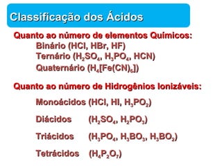 CCllaassssiiffiiccaaççããoo ddooss ÁÁcciiddooss 
QQuuaannttoo aaoo nnúúmmeerroo ddee eelleemmeennttooss QQuuíímmiiccooss:: 
Química 
BBiinnáárriioo ((HHCCll,, HHBBrr,, HHFF)) 
TTeerrnnáárriioo ((HH22SSOO44,, HH33PPOO44,, HHCCNN)) 
QQuuaatteerrnnáárriioo ((HH44[[FFee((CCNN))66]])) 
QQuuaannttoo aaoo nnúúmmeerroo ddee HHiiddrrooggêênniiooss IIoonniizzáávveeiiss:: 
MMoonnooáácciiddooss ((HHCCll,, HHII,, HH33PPOO22)) 
DDiiáácciiddooss ((HH22SSOO44,, HH22PPOO33)) 
TTrriiáácciiddooss ((HH33PPOO44,, HH33BBOO33,, HH33BBOO22)) 
TTeettrráácciiddooss ((HH44PP22OO77)) 
 