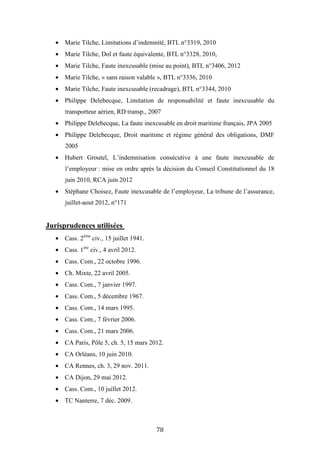 78
• Marie Tilche, Limitations d’indemnité, BTL n°3319, 2010
• Marie Tilche, Dol et faute équivalente, BTL n°3328, 2010,
• Marie Tilche, Faute inexcusable (mise au point), BTL n°3406, 2012
• Marie Tilche, « sans raison valable », BTL n°3336, 2010
• Marie Tilche, Faute inexcusable (recadrage), BTL n°3344, 2010
• Philippe Delebecque, Limitation de responsabilité et faute inexcusable du
transporteur aérien, RD transp., 2007
• Philippe Delebecque, La faute inexcusable en droit maritime français, JPA 2005
• Philippe Delebecque, Droit maritime et régime général des obligations, DMF
2005
• Hubert Groutel, L’indemnisation consécutive à une faute inexcusable de
l’employeur : mise en ordre après la décision du Conseil Constitutionnel du 18
juin 2010, RCA juin 2012
• Stéphane Choisez, Faute inexcusable de l’employeur, La tribune de l’assurance,
juillet-aout 2012, n°171
Jurisprudences utilisées
• Cass. 2ème
civ., 15 juillet 1941.
• Cass. 1ère
civ., 4 avril 2012.
• Cass. Com., 22 octobre 1996.
• Ch. Mixte, 22 avril 2005.
• Cass. Com., 7 janvier 1997.
• Cass. Com., 5 décembre 1967.
• Cass. Com., 14 mars 1995.
• Cass. Com., 7 février 2006.
• Cass. Com., 21 mars 2006.
• CA Paris, Pôle 5, ch. 5, 15 mars 2012.
• CA Orléans, 10 juin 2010.
• CA Rennes, ch. 3, 29 nov. 2011.
• CA Dijon, 29 mai 2012.
• Cass. Com., 10 juillet 2012.
• TC Nanterre, 7 déc. 2009.
 