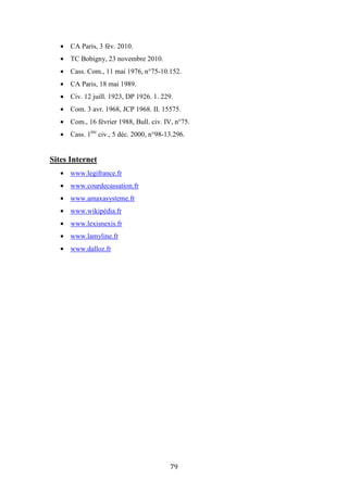 79
• CA Paris, 3 fév. 2010.
• TC Bobigny, 23 novembre 2010.
• Cass. Com., 11 mai 1976, n°75-10.152.
• CA Paris, 18 mai 1989.
• Civ. 12 juill. 1923, DP 1926. 1. 229.
• Com. 3 avr. 1968, JCP 1968. II. 15575.
• Com., 16 février 1988, Bull. civ. IV, n°75.
• Cass. 1ère
civ., 5 déc. 2000, n°98-13.296.
Sites Internet
• www.legifrance.fr
• www.courdecassation.fr
• www.amaxasysteme.fr
• www.wikipédia.fr
• www.lexisnexis.fr
• www.lamyline.fr
• www.dalloz.fr
 