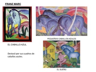 EL CABALLO AZUL
FRANZ MARC
PEQUEÑOS CABALLOS AZULES
EL SUEÑO
Destacó por sus cuadros de
caballos azules.
 