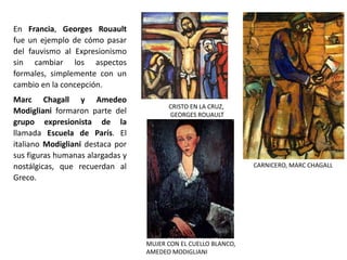 En Francia, Georges Rouault
fue un ejemplo de cómo pasar
del fauvismo al Expresionismo
sin cambiar los aspectos
formales, simplemente con un
cambio en la concepción.
Marc Chagall y Amedeo
Modigliani formaron parte del
grupo expresionista de la
llamada Escuela de París. El
italiano Modigliani destaca por
sus figuras humanas alargadas y
nostálgicas, que recuerdan al
Greco.
CRISTO EN LA CRUZ,
GEORGES ROUAULT
CARNICERO, MARC CHAGALL
MUJER CON EL CUELLO BLANCO,
AMEDEO MODIGLIANI
 