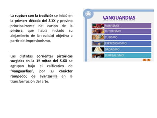 La ruptura con la tradición se inició en
la primera década del S.XX y provino
principalmente del campo de la
pintura, que había iniciado su
alejamiento de la realidad objetiva a
partir del impresionismo.
Las distintas corrientes pictóricas
surgidas en la 1ª mitad del S.XX se
agrupan bajo el calificativo de
“vanguardias”, por su carácter
rompedor, de avanzadilla en la
transformación del arte.
 