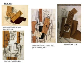 BODEGÓN CON MESA CON
GILLETTE (1914)
MANDOLINA, 1914
VIOLÍN Y PARTITURA SOBRE MESA
(PETIT OISEAU), 1913
BRAQUE
FRUTERO Y JARRÓN, 1912
 