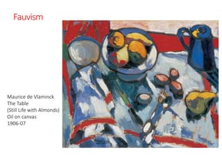 Fauvism
Maurice de Vlaminck
The Table
(Still Life with Almonds)
Oil on canvas
1906-07
 