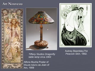 Art Nouveau Aubrey Beardsley The Peacock Skirt , 1892. Alfons Mucha Poster of  Maude Adams  as Joan of Arc, 1909 Tiffany Studios Dragonfly table lamp  circa 1902 