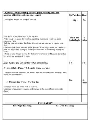 1)Connect- Overview (Big Picture), prior learning links and
learning objectives and outcomes shared
*Powerpoint, images and examples of work
2) *Discuss to the person next to you for ideas
-What would you create for your Fauve painting. Remember what was learnt
previously (recap)
-Split the page into at least 4 and start drawing and use materials to express your
ideas
-Annotate work: What materials would you use? What image would you choose to
paint and why? What techniques would you use? What is the meaning behind the
work?
*Design a series images inspired by the theme ‘Our World’ and Fauvism (remember
key words and techniques)-15 mins
Stop, Review andConsolidate(when appropriate)
3)Consolidate - Plenary& links to future learning
To review the work completed this lesson. What has been successful and why? What
would you do differently?
4) Completing Work – Tidying Up
Make sure names are on the back of all work.
Make sure all equipment is cleaned and returned to the correct boxes on the plan
chests.
Gp/Pair/Ind.
Gp
Pairs and
individually
Gp
Gp
Time
5m
15
mins
5m
5
mins
EVALUATION
Re: Pupil Learning Re: Own Teaching
 