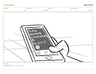 Scene
3
Duration
03:00
Panel
2
Duration
01:00
Dialog
T:*babbles on in the bg*
Page 24/80
 