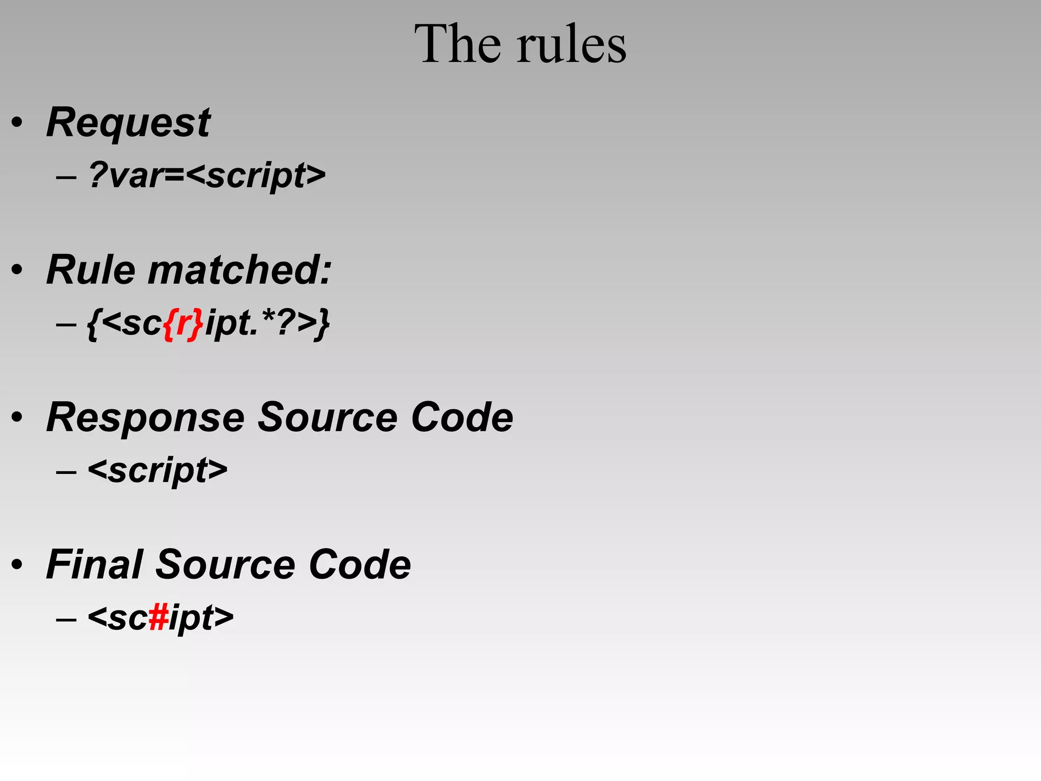 Request ?var=<script> Rule matched: {<sc {r} ipt.*?>} Response Source Code <script> Final Source Code <sc # ipt> The rules 