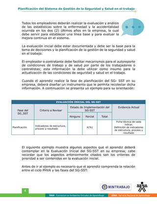 FAVA - Formación en Ambientes Virtuales de Aprendizaje SENA - Servicio Nacional de Aprendizaje
8
Planificación del Sistema de Gestión de la Seguridad y Salud en el trabajo
Todos los empleadores deberán realizar la evaluación y análisis
de las estadísticas sobre la enfermedad y la accidentalidad
ocurrida en los dos (2) últimos años en la empresa, la cual
debe servir para establecer una línea base y para evaluar la
mejora continua en el sistema.
La evaluación inicial debe estar documentada y debe ser la base para la
toma de decisiones y la planificación de la gestión de la seguridad y salud
en el trabajo.
El empleador o contratante debe facilitar mecanismos para el autoreporte
de condiciones de trabajo y de salud por parte de los trabajadores o
contratistas; esta información la debe utilizar como insumo para la
actualización de las condiciones de seguridad y salud en el trabajo.
Cuando el aprendiz realice la fase de planificación del SG- SST en su
empresa, deberá diseñar un instrumento que le permita recolectar dicha
información. A continuación se presenta un ejemplo para su orientación:
EVALUACIÓN INICIAL DEL SG-SST
Fase del
SG_SST
Criterio a Revisar
Estado de Implementación del
SG-SST
Evidencia Actual
Ninguno Parcial Total
Planificación
Indicadores de estructura,
proceso y resultado
X(%)
Ficha técnica de cada
indicar.
Definición de indicadores
de estructura, proceso y
resultado
El siguiente ejemplo muestra algunos aspectos que el aprendiz deberá
contemplar en la Evaluación Inicial del SG-SST en su empresa; cabe
recordar que los aspectos anteriormente citados son los criterios de
prioridad a ser contenidos en la evaluación inicial.
Antes de ir al ejemplo es necesario que el aprendiz comprenda la relación
entre el ciclo PHVA y las fases del SG-SST:
 