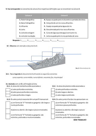 9. Faz corresponder os conceitos da coluna A às respetivas definições que se encontram na coluna B.
Coluna A Coluna B
1. Rede hidrográfica
2. Bacia hidrográfica
3. Afluente
4. Leito
5. Leitode estiagem
6. Leitode inundação
A. Espaço ocupadopeloriodurante os períodosde cheia.
B. Conjuntode umrio e seusafluentes.
C. Espaço ocupadopelaságuasdo rio.
D. Áreadrenadapelorioe seusafluentes.
E. Cursode água que desaguanumoutro rio.
F. Leitoocupadopelorionosperíodosde seca.
Resposta: 1.______ 2._______ 3.______ 4._______ 5.______ 6._______
10 - Observa com atençãoo documento 8.
Doc. 8 -Percurso deum rio
.
10.1 - Faz a legendadodocumento 8 utilizandoosseguintesconceitos:
curso superior;curso médio; curso inferior; nascente;foz,rio principal
11. Assinala com umX a afirmaçãocorreta.
11.1. As áreas de montanhaestãoassociadasa: 11.2. Asáreas de planície estãoassociadasa:
a) valesprofundose estreitos. a) valesprofundose estreitos.
b) valespoucoprofundose estreitos. b) valeslargose abertos.
c) valesprofundose largos. c) valeslargose profundo.
11.3. Os valesjuntoà nascente têmumperfil transversal: 11.4. Os valesjuntoà fozdos riosapresentam-se:
a) emforma de “V” fechadoougarganta: são largose
muitoprofundos.
a) emforma de “V” fechadoougarganta: são
estreitose poucoprofundos.
b) planoou aberto: são largose poucoencaixados. b) planosou abertos:sãolargos e pouco
encaixados.
c) emforma de “V” fechadoougarganta: são
estreitos,profundose muitoencaixados.
c) emforma de “V” fechadoougarganta: são
estreitos,profundose encaixados.
BOM TRABALHO!
 
