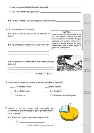  Água com pequenas substâncias em suspensão - ____________________________
 Água com substâncias depositadas - _____________________________________
4.3. Onde é tratada a água que chega às nossas torneiras? ______________________
5. Lê, com atenção a notícia ao lado:
5.1. Qual a causa da poluição do rio referida no
texto? ________________________________
______________________________________
5.2. Que consequências teve a poluição deste rio?
______________________________________
______________________________________
______________________________________
5.3. Que medida se poderia tomar para evitar a poluição
deste rio?
__________________________________________
__________________________________________
__________________________________________
PARTE II - O Ar
6. Das afirmações seguintes assinala as verdadeiras (V) e as falsas (F).
____ O ar não tem volume. ____O ar é inodoro.
____ O ar não tem peso. ____ O ar é insípido.
____ O ar tem cor. ____ O ar é formado por vários gases.
7. Analisa o gráfico circular, que representa, em
percentagem, as quantidades de gases que constituem o
ar, e responde:
7.1. Quais são os gases representados por A e B?
A – _______________________
Ficha de Avaliação de Ciências da Natureza Pág. 3 de 6
NOTÍCIA
Após a instalação, nas margens de um
rio, de algumas fábricas que nele
lançavam grandes quantidades de águas
residuais sem qualquer tratamento, o
número de peixes diminuiu. Os menos
resistentes, como o sável, foram os
primeiros a desaparecer.
A
78%
C
1%
B
21%
6
4
3
8
5
 