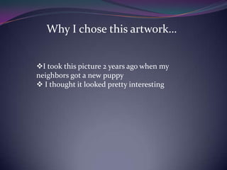 Why I chose this artwork…
I took this picture 2 years ago when my
neighbors got a new puppy
 I thought it looked pretty interesting
 