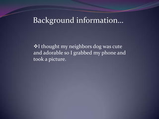 I thought my neighbors dog was cute
and adorable so I grabbed my phone and
took a picture.
Background information…
 