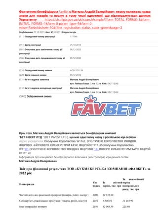 Фактичним бенефіціаром FavBet є Матюха Андрій Валерійович, якому належать права
знаки для товарів та послуг в тому числі однотипні, що підтверджується даними
Укрпатенту https://sis.nipo.gov.ua/uk/search/simple/?form-TOTAL_FORMS=1&form-
INITIAL_FORMS=1&form-0-param_type=9&form-0-
value=Favbet&show=10&filter_registration_status_color=green&page=2
Опубліковано 25.10.2013, бюл. № 20/2013 Свідоцтво діє
(111) Порядковий номер реєстрації 177746
(151) Дата реєстрації 25.10.2013
(181) Очікувана дата закінчення строку дії
реєстрації
05.12.2022
(186) Очікувана дата продовження строку дії
реєстрації
05.12.2032
(210) Порядковий номер заявки m201221138
(220) Дата подання заявки 05.12.2012
(731) Ім'я та адреса заявника Матюха Андрій Валерійович
вул. Лайоша Гавро, 7, кв. 32, м. Київ, 04211 [UA]
(732) Ім'я та адреса володільця реєстрації Матюха Андрій Валерійович
вул. Лайоша Гавро, 7, кв. 32, м. Київ, 04211 [UA]
(540) Зображення знака
Крім того, Матюха Андрій Валерійович являється бенефіціаром компанії
"БЕТ ІНВЕСТ ЛТД." (BET INVEST LTD.), що має однотипну назву з російською юр.особою
Адрес учредителя: Сполучене Королівство, W1T6E, СПОЛУЧЕНЕ КОРОЛІВСТВО, ЛОНДОН,
ФІЦРОВІЯ, 4-Й ПОВЕРХ, СІЛЬВЕРСТРІМ ХАУС, ФІЦРОЙ СТРІТ, 45Сполучене Королівство,
W1T2D, СПОЛУЧЕНЕ КОРОЛІВСТВО, ЛОНДОН, ФІЦРОВІЯ, 1-U ПОВЕРХ, СІЛЬВЕРСТРІМ ХАУС, ФІЦРОЙ
СТРІТ, 45
Інформація про кінцевого бенефіціарного власника (контролера) юридичної особи:
Матюха Андрій Валерійович
Звіт про фінансові результати ТОВ «БУКМЕКЕРСЬКА КОМПАНІЯ «ФАВБЕТ» за
2022 рік
Назва рядка
Код
рядка
За звітний
період, тис. грн
За аналогічний
період
попереднього
року, тис. грн
Чистий дохід від реалізації продукції (товарів, робіт, послуг) 2000 22 939.60
Собівартість реалізованої продукції (товарів, робіт, послуг) 2050 3 508.50 31 103.90
Інші операційні витрати 2180 52 065.30 225.80
 