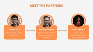 Partner, leads Founder
Onboarding
Harshit Joshi
Partner, leads
1stCheque Network
and Investments
Yamika Mehra
Partner, leads Product
Development across
Portfolio
Nischaiy Pradhan
MEET THE PARTNERS
 