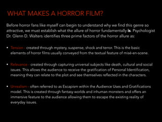 Before horror fans like myself can begin to understand why we find this genre so
attractive, we must establish what the allure of horror fundamentally is. Psychologist
Dr. Glenn D. Walters identifies three prime factors of the horror allure as:
• Tension - created through mystery, suspense, shock and terror. This is the basic
elements of horror films usually conveyed from the textual feature of misé-en-scene.
• Relevance - created through capturing universal subjects like death, cultural and social
issues. This allows the audience to receive the gratification of Personal Identification,
meaning they can relate to the plot and see themselves reflected in the characters.
• Unrealism - often referred to as Escapism within the Audience Uses and Gratifications
model. This is created through fantasy worlds and inhuman monsters and offers an
immersive feature to the audience allowing them to escape the existing reality of
everyday issues.
WHAT MAKES A HORROR FILM?
 