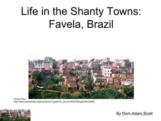 Picture from:  http://www.bahiastreet.org/shantytown/?gclid=CL_QuvrN-4kCFSQVgQod9xOsRQ Life in the Shanty Towns: Favela, Brazil By Dom,Adam,Scott 