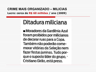 CRIME MAIS ORGANIZADO – MILICIAS
Lucro: cerca de R$ 60 milhões / ano (2009)
 