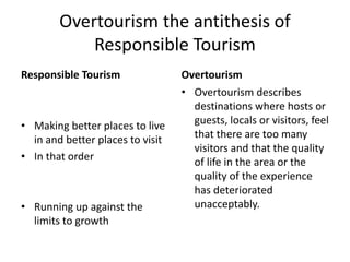 Overtourism the antithesis of
Responsible Tourism
Responsible Tourism
• Making better places to live
in and better places to visit
• In that order
• Running up against the
limits to growth
Overtourism
• Overtourism describes
destinations where hosts or
guests, locals or visitors, feel
that there are too many
visitors and that the quality
of life in the area or the
quality of the experience
has deteriorated
unacceptably.
 