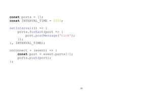 39
const ports = [];
const INTERVAL_TIME = 2000;
setInterval(() => {
ports.forEach(port => {
port.postMessage('tick');
});
}, INTERVAL_TIME);
onconnect = (event) => {
const port = event.ports[0];
ports.push(port);
};
 