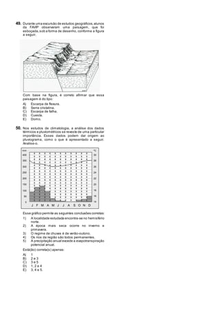 49. Durante uma excursão de estudos geográficos,alunos
da FAVIP observaram uma paisagem, que foi
esboçada,sob a forma de desenho, conforme a figura
a seguir.
Com base na figura, é correto afirmar que essa
paisagem é do tipo:
A) Escarpa de flexura.
B) Serra cristalina.
C) Escarpa de falha.
D) Cuesta.
E) Domo.
50. Nos estudos de climatologia, a análise dos dados
térmicos e pluviométricos se reveste de uma particular
importância. Esses dados podem dar origem ao
pluviograma, como o que é apresentado a seguir.
Analise-o.
J F M A M J J A S O N D
0
50
100
150
200
250
300
350
400
14
16
18
20
22
24
26
28
30
mm ºC
Esse gráfico permite as seguintes conclusões corretas:
1) A localidade estudada encontra-se no hemisfério
norte.
2) A época mais seca ocorre no inverno e
primavera.
3) O regime de chuvas é de verão-outono.
4) Os rios da região são todos permanentes.
5) A precipitação anual excede a evapotranspiração
potencial anual.
Está(ão) correta(s) apenas:
A) 1
B) 2 e 3
C) 3 e 5
D) 1, 2 e 4
E) 3, 4 e 5.
 