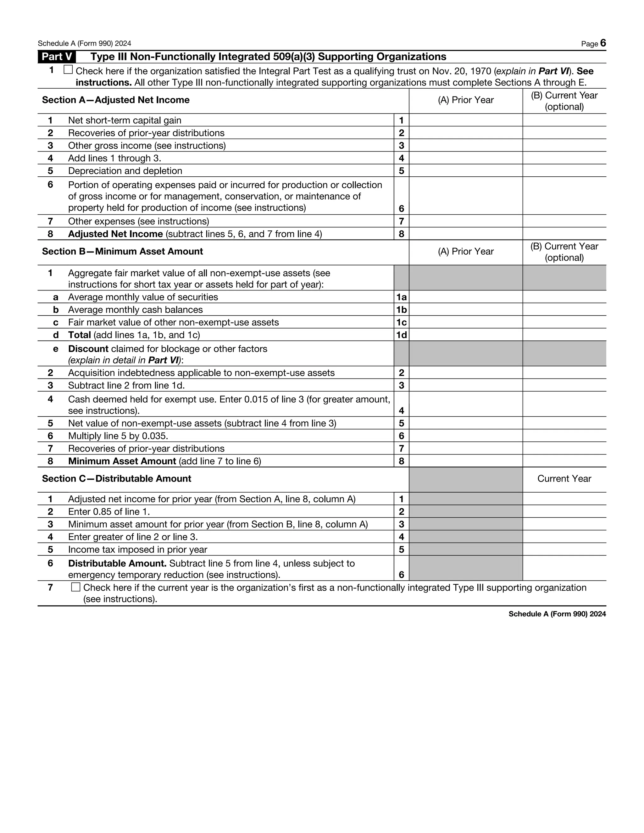 Schedule A (Form 990) 2024 Page 6
Part V Type III Non-Functionally Integrated 509(a)(3) Supporting Organizations
1 Check here if the organization satisfied the Integral Part Test as a qualifying trust on Nov. 20, 1970 (explain in Part VI). See
instructions. All other Type III non-functionally integrated supporting organizations must complete Sections A through E.
Section A—Adjusted Net Income (A) Prior Year (B) Current Year
(optional)
1 Net short-term capital gain 1
2 Recoveries of prior-year distributions 2
3 Other gross income (see instructions) 3
4 Add lines 1 through 3. 4
5 Depreciation and depletion 5
6 Portion of operating expenses paid or incurred for production or collection
of gross income or for management, conservation, or maintenance of
property held for production of income (see instructions) 6
7 Other expenses (see instructions) 7
8 Adjusted Net Income (subtract lines 5, 6, and 7 from line 4) 8
Section B—Minimum Asset Amount (A) Prior Year
(B) Current Year
(optional)
1 Aggregate fair market value of all non-exempt-use assets (see
instructions for short tax year or assets held for part of year):
a Average monthly value of securities 1a
b Average monthly cash balances 1b
c Fair market value of other non-exempt-use assets 1c
d Total (add lines 1a, 1b, and 1c) 1d
e Discount claimed for blockage or other factors
(explain in detail in Part VI):
2 Acquisition indebtedness applicable to non-exempt-use assets 2
3 Subtract line 2 from line 1d. 3
4 Cash deemed held for exempt use. Enter 0.015 of line 3 (for greater amount,
see instructions). 4
5 Net value of non-exempt-use assets (subtract line 4 from line 3) 5
6 Multiply line 5 by 0.035. 6
7 Recoveries of prior-year distributions 7
8 Minimum Asset Amount (add line 7 to line 6) 8
Section C—Distributable Amount Current Year
1 Adjusted net income for prior year (from Section A, line 8, column A) 1
2 Enter 0.85 of line 1. 2
3 Minimum asset amount for prior year (from Section B, line 8, column A) 3
4 Enter greater of line 2 or line 3. 4
5 Income tax imposed in prior year 5
6 Distributable Amount. Subtract line 5 from line 4, unless subject to
emergency temporary reduction (see instructions). 6
7 Check here if the current year is the organization’s first as a non-functionally integrated Type III supporting organization
(see instructions).
Schedule A (Form 990) 2024
 