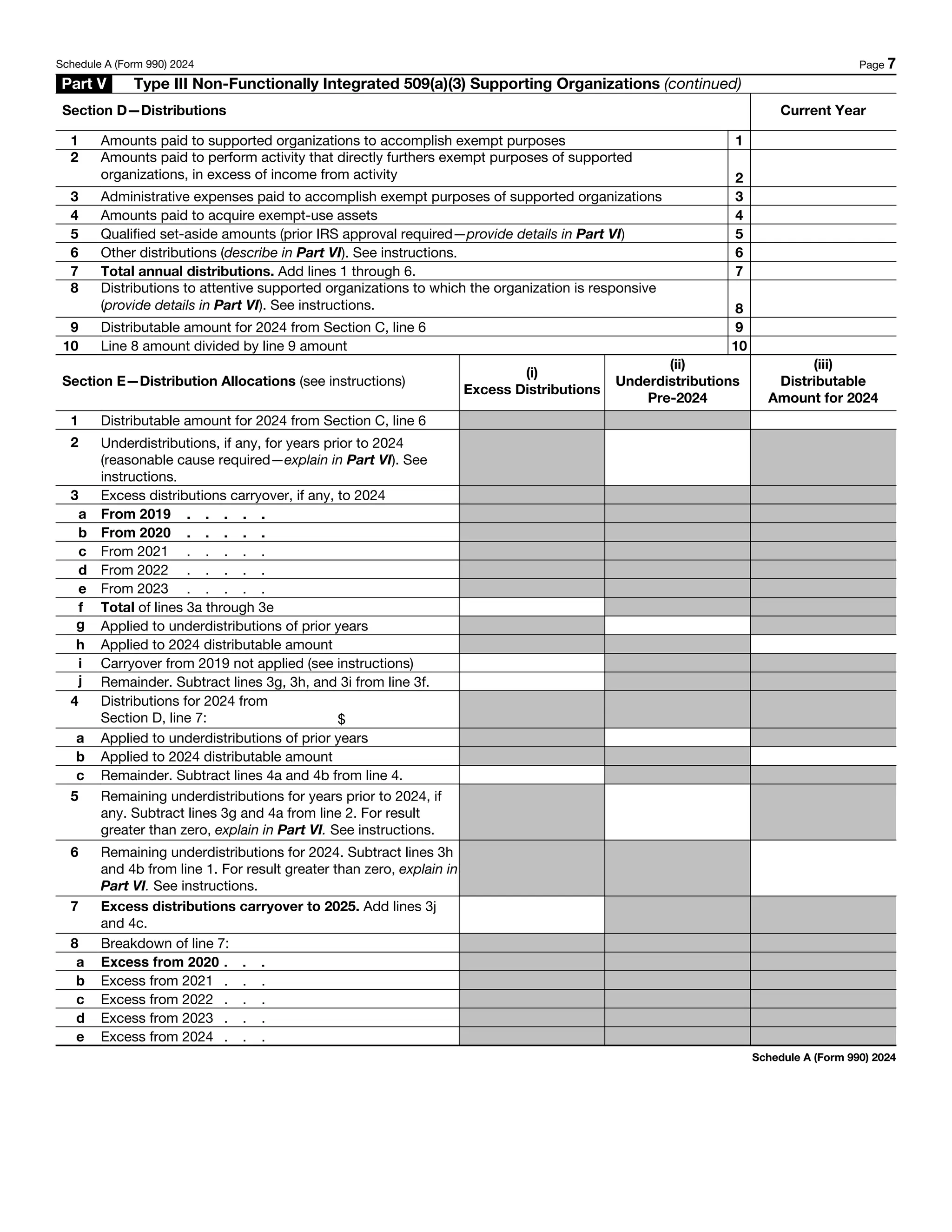Schedule A (Form 990) 2024 Page 7
Part V Type III Non-Functionally Integrated 509(a)(3) Supporting Organizations (continued)
Section D—Distributions Current Year
1 Amounts paid to supported organizations to accomplish exempt purposes 1
2 Amounts paid to perform activity that directly furthers exempt purposes of supported
organizations, in excess of income from activity 2
3 Administrative expenses paid to accomplish exempt purposes of supported organizations 3
4 Amounts paid to acquire exempt-use assets 4
5 Qualified set-aside amounts (prior IRS approval required—provide details in Part VI) 5
6 Other distributions (describe in Part VI). See instructions. 6
7 Total annual distributions. Add lines 1 through 6. 7
8 Distributions to attentive supported organizations to which the organization is responsive
(provide details in Part VI). See instructions. 8
9 Distributable amount for 2024 from Section C, line 6 9
10 Line 8 amount divided by line 9 amount 10
Section E—Distribution Allocations (see instructions)
(i)
Excess Distributions
(ii)
Underdistributions
Pre-2024
(iii)
Distributable
Amount for 2024
1 Distributable amount for 2024 from Section C, line 6
2 Underdistributions, if any, for years prior to 2024
(reasonable cause required—explain in Part VI). See
instructions.
3 Excess distributions carryover, if any, to 2024
a From 2019 . . . . .
b From 2020 . . . . .
c From 2021 . . . . .
d From 2022 . . . . .
e From 2023 . . . . .
f Total of lines 3a through 3e
g Applied to underdistributions of prior years
h Applied to 2024 distributable amount
i Carryover from 2019 not applied (see instructions)
j Remainder. Subtract lines 3g, 3h, and 3i from line 3f.
4 Distributions for 2024 from
Section D, line 7: $
a Applied to underdistributions of prior years
b Applied to 2024 distributable amount
c Remainder. Subtract lines 4a and 4b from line 4.
5 Remaining underdistributions for years prior to 2024, if
any. Subtract lines 3g and 4a from line 2. For result
greater than zero, explain in Part VI. See instructions.
6 Remaining underdistributions for 2024. Subtract lines 3h
and 4b from line 1. For result greater than zero, explain in
Part VI. See instructions.
7 Excess distributions carryover to 2025. Add lines 3j
and 4c.
8 Breakdown of line 7:
a Excess from 2020 . . .
b Excess from 2021 . . .
c Excess from 2022 . . .
d Excess from 2023 . . .
e Excess from 2024 . . .
Schedule A (Form 990) 2024
 
