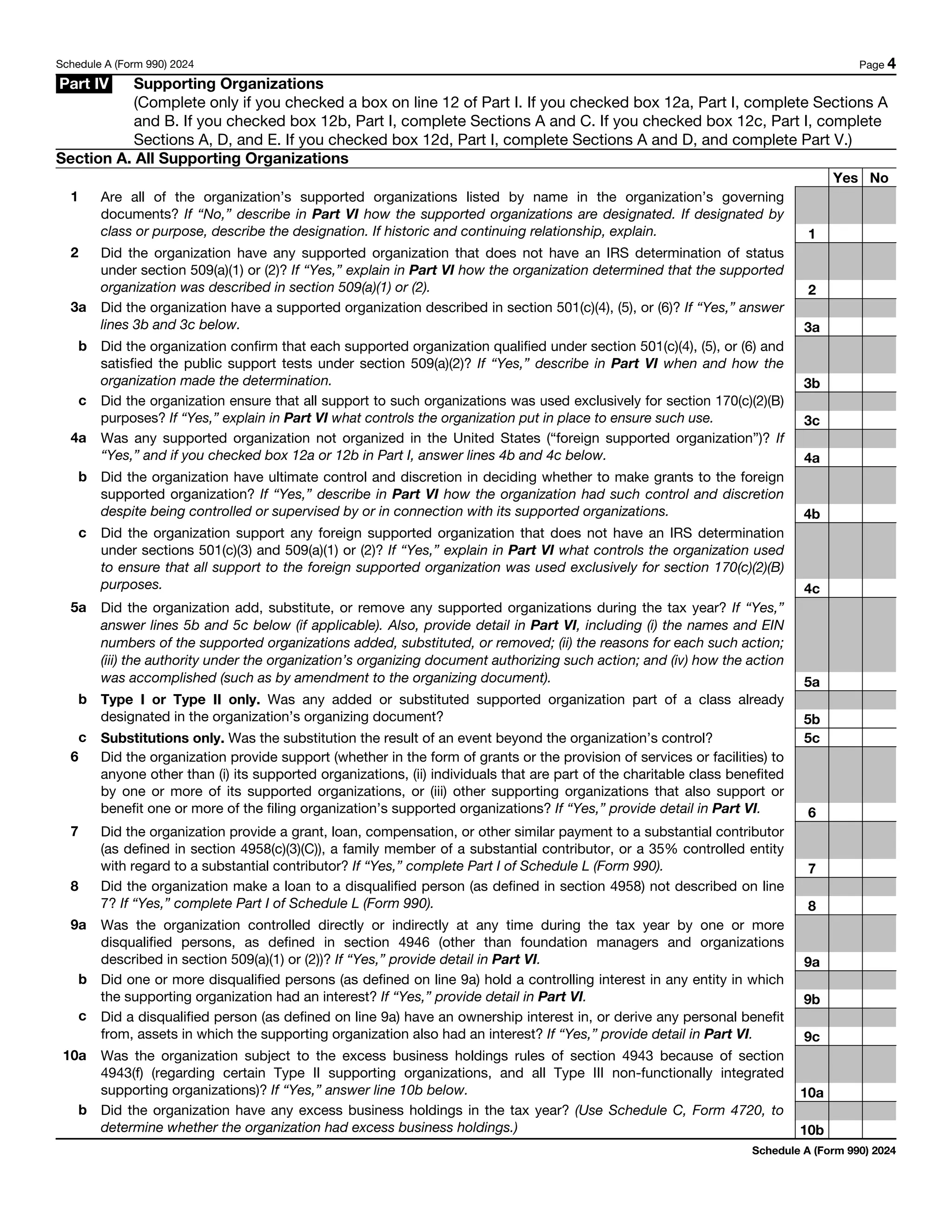 Schedule A (Form 990) 2024 Page 4
Part IV Supporting Organizations
(Complete only if you checked a box on line 12 of Part I. If you checked box 12a, Part I, complete Sections A
and B. If you checked box 12b, Part I, complete Sections A and C. If you checked box 12c, Part I, complete
Sections A, D, and E. If you checked box 12d, Part I, complete Sections A and D, and complete Part V.)
Section A. All Supporting Organizations
Yes No
1 Are all of the organization’s supported organizations listed by name in the organization’s governing
documents? If “No,” describe in Part VI how the supported organizations are designated. If designated by
class or purpose, describe the designation. If historic and continuing relationship, explain. 1
2 Did the organization have any supported organization that does not have an IRS determination of status
under section 509(a)(1) or (2)? If “Yes,” explain in Part VI how the organization determined that the supported
organization was described in section 509(a)(1) or (2). 2
3a Did the organization have a supported organization described in section 501(c)(4), (5), or (6)? If “Yes,” answer
lines 3b and 3c below. 3a
b Did the organization confirm that each supported organization qualified under section 501(c)(4), (5), or (6) and
satisfied the public support tests under section 509(a)(2)? If “Yes,” describe in Part VI when and how the
organization made the determination. 3b
c Did the organization ensure that all support to such organizations was used exclusively for section 170(c)(2)(B)
purposes? If “Yes,” explain in Part VI what controls the organization put in place to ensure such use. 3c
4a Was any supported organization not organized in the United States (“foreign supported organization”)? If
“Yes,” and if you checked box 12a or 12b in Part I, answer lines 4b and 4c below. 4a
b Did the organization have ultimate control and discretion in deciding whether to make grants to the foreign
supported organization? If “Yes,” describe in Part VI how the organization had such control and discretion
despite being controlled or supervised by or in connection with its supported organizations. 4b
c Did the organization support any foreign supported organization that does not have an IRS determination
under sections 501(c)(3) and 509(a)(1) or (2)? If “Yes,” explain in Part VI what controls the organization used
to ensure that all support to the foreign supported organization was used exclusively for section 170(c)(2)(B)
purposes. 4c
5a Did the organization add, substitute, or remove any supported organizations during the tax year? If “Yes,”
answer lines 5b and 5c below (if applicable). Also, provide detail in Part VI, including (i) the names and EIN
numbers of the supported organizations added, substituted, or removed; (ii) the reasons for each such action;
(iii) the authority under the organization’s organizing document authorizing such action; and (iv) how the action
was accomplished (such as by amendment to the organizing document). 5a
b Type I or Type II only. Was any added or substituted supported organization part of a class already
designated in the organization’s organizing document? 5b
c Substitutions only. Was the substitution the result of an event beyond the organization’s control? 5c
6 Did the organization provide support (whether in the form of grants or the provision of services or facilities) to
anyone other than (i) its supported organizations, (ii) individuals that are part of the charitable class benefited
by one or more of its supported organizations, or (iii) other supporting organizations that also support or
benefit one or more of the filing organization’s supported organizations? If “Yes,” provide detail in Part VI. 6
7 Did the organization provide a grant, loan, compensation, or other similar payment to a substantial contributor
(as defined in section 4958(c)(3)(C)), a family member of a substantial contributor, or a 35% controlled entity
with regard to a substantial contributor? If “Yes,” complete Part I of Schedule L (Form 990). 7
8 Did the organization make a loan to a disqualified person (as defined in section 4958) not described on line
7? If “Yes,” complete Part I of Schedule L (Form 990). 8
9a Was the organization controlled directly or indirectly at any time during the tax year by one or more
disqualified persons, as defined in section 4946 (other than foundation managers and organizations
described in section 509(a)(1) or (2))? If “Yes,” provide detail in Part VI. 9a
b Did one or more disqualified persons (as defined on line 9a) hold a controlling interest in any entity in which
the supporting organization had an interest? If “Yes,” provide detail in Part VI. 9b
c Did a disqualified person (as defined on line 9a) have an ownership interest in, or derive any personal benefit
from, assets in which the supporting organization also had an interest? If “Yes,” provide detail in Part VI. 9c
10a Was the organization subject to the excess business holdings rules of section 4943 because of section
4943(f) (regarding certain Type II supporting organizations, and all Type III non-functionally integrated
supporting organizations)? If “Yes,” answer line 10b below. 10a
b Did the organization have any excess business holdings in the tax year? (Use Schedule C, Form 4720, to
determine whether the organization had excess business holdings.) 10b
Schedule A (Form 990) 2024
 