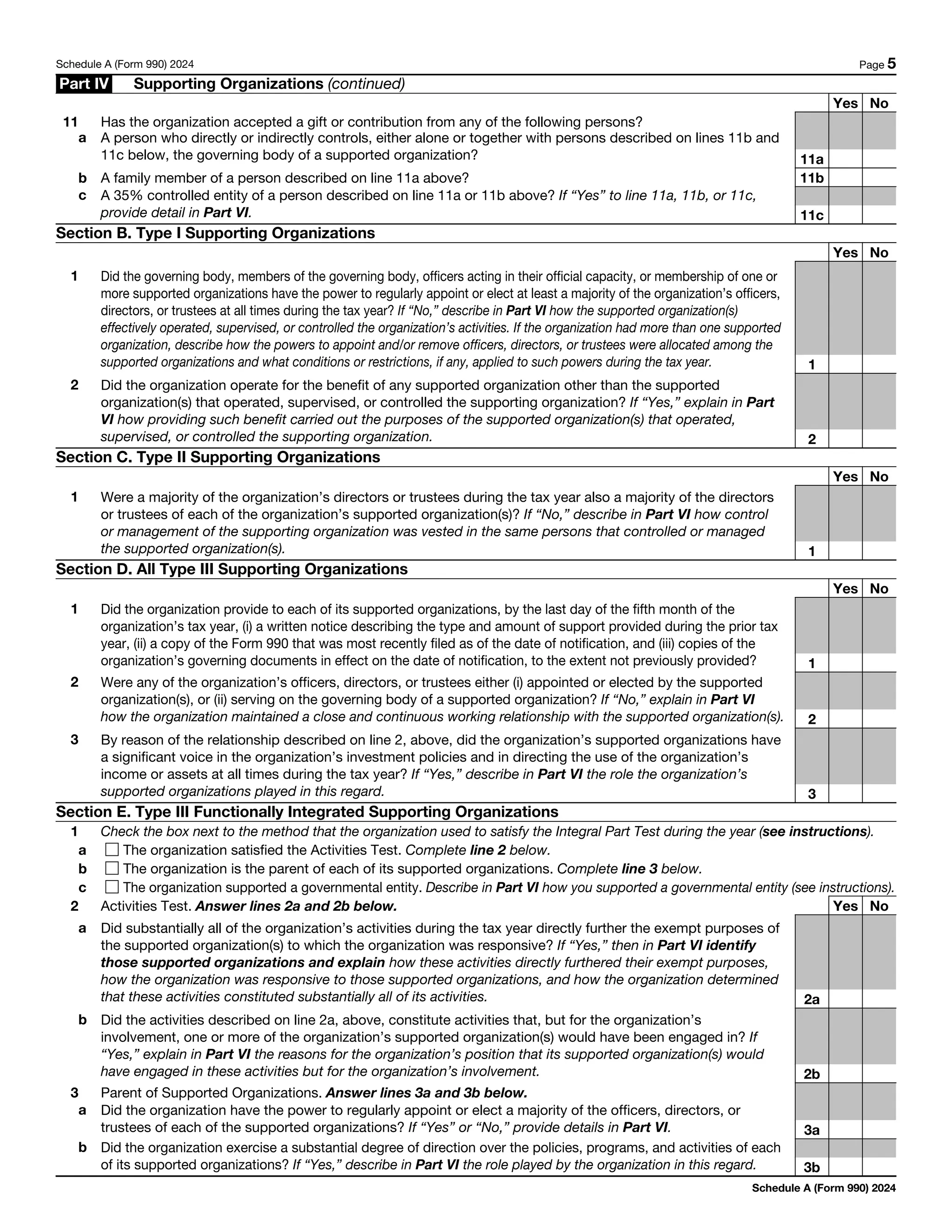 Schedule A (Form 990) 2024 Page 5
Part IV Supporting Organizations (continued)
11 Has the organization accepted a gift or contribution from any of the following persons?
a A person who directly or indirectly controls, either alone or together with persons described on lines 11b and
11c below, the governing body of a supported organization? 11a
Yes No
b A family member of a person described on line 11a above? 11b
c A 35% controlled entity of a person described on line 11a or 11b above? If “Yes” to line 11a, 11b, or 11c,
provide detail in Part VI. 11c
Section B. Type I Supporting Organizations
Yes No
1 Did the governing body, members of the governing body, officers acting in their official capacity, or membership of one or
more supported organizations have the power to regularly appoint or elect at least a majority of the organization’s officers,
directors, or trustees at all times during the tax year? If “No,” describe in Part VI how the supported organization(s)
effectively operated, supervised, or controlled the organization’s activities. If the organization had more than one supported
organization, describe how the powers to appoint and/or remove officers, directors, or trustees were allocated among the
supported organizations and what conditions or restrictions, if any, applied to such powers during the tax year. 1
2 Did the organization operate for the benefit of any supported organization other than the supported
organization(s) that operated, supervised, or controlled the supporting organization? If “Yes,” explain in Part
VI how providing such benefit carried out the purposes of the supported organization(s) that operated,
supervised, or controlled the supporting organization. 2
Section C. Type II Supporting Organizations
Yes No
1 Were a majority of the organization’s directors or trustees during the tax year also a majority of the directors
or trustees of each of the organization’s supported organization(s)? If “No,” describe in Part VI how control
or management of the supporting organization was vested in the same persons that controlled or managed
the supported organization(s). 1
Section D. All Type III Supporting Organizations
Yes No
1 Did the organization provide to each of its supported organizations, by the last day of the fifth month of the
organization’s tax year, (i) a written notice describing the type and amount of support provided during the prior tax
year, (ii) a copy of the Form 990 that was most recently filed as of the date of notification, and (iii) copies of the
organization’s governing documents in effect on the date of notification, to the extent not previously provided? 1
2 Were any of the organization’s officers, directors, or trustees either (i) appointed or elected by the supported
organization(s), or (ii) serving on the governing body of a supported organization? If “No,” explain in Part VI
how the organization maintained a close and continuous working relationship with the supported organization(s). 2
3 By reason of the relationship described on line 2, above, did the organization’s supported organizations have
a significant voice in the organization’s investment policies and in directing the use of the organization’s
income or assets at all times during the tax year? If “Yes,” describe in Part VI the role the organization’s
supported organizations played in this regard. 3
Section E. Type III Functionally Integrated Supporting Organizations
1 Check the box next to the method that the organization used to satisfy the Integral Part Test during the year (see instructions).
a The organization satisfied the Activities Test. Complete line 2 below.
b The organization is the parent of each of its supported organizations. Complete line 3 below.
c The organization supported a governmental entity. Describe in Part VI how you supported a governmental entity (see instructions).
Yes No
2 Activities Test. Answer lines 2a and 2b below.
a Did substantially all of the organization’s activities during the tax year directly further the exempt purposes of
the supported organization(s) to which the organization was responsive? If “Yes,” then in Part VI identify
those supported organizations and explain how these activities directly furthered their exempt purposes,
how the organization was responsive to those supported organizations, and how the organization determined
that these activities constituted substantially all of its activities. 2a
b Did the activities described on line 2a, above, constitute activities that, but for the organization’s
involvement, one or more of the organization’s supported organization(s) would have been engaged in? If
“Yes,” explain in Part VI the reasons for the organization’s position that its supported organization(s) would
have engaged in these activities but for the organization’s involvement. 2b
3 Parent of Supported Organizations. Answer lines 3a and 3b below.
a Did the organization have the power to regularly appoint or elect a majority of the officers, directors, or
trustees of each of the supported organizations? If “Yes” or “No,” provide details in Part VI. 3a
b Did the organization exercise a substantial degree of direction over the policies, programs, and activities of each
of its supported organizations? If “Yes,” describe in Part VI the role played by the organization in this regard. 3b
Schedule A (Form 990) 2024
 
