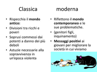 Classica moderna
• Rispecchia il mondo
antico:
• Divisioni tra ricchi e
poveri
• Soprusi commessi dai
potenti a danno dei più
deboli
• Astuzie necessarie alla
sopravvivenza in
un’epoca violenta
• Riflettono il mondo
contemporaneo e le
sue problematiche.
• (genitori figli,
inquinamento)
• Messaggi positivi ai
giovani per migliorare la
società in cui viviamo
 