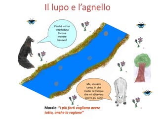 Il lupo e l’agnello
Perché mi hai
intorbidata
l’acqua
mentre
bevevo?
Ma, scusami
tanto, in che
modo, se l’acqua
che mi abbevera
scorre giù da te
Morale: “i più forti vogliono avere
tutto, anche la ragione”
 