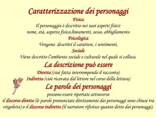 Caratterizzazione dei personaggi
Fisica
Il personaggio è descritto nei suoi aspetti fisici:
nome, età, aspetto fisico,lineamenti, sesso, abbigliamento
Psicologica
Vengono descritti il carattere, i sentimenti,
Sociale
Viene descritto l’ambiente sociale e culturale nel quale si colloca.
La descrizione può essere
Diretta (cioè fatta interrompendo il racconto)
Indiretta (cioè ricavata dal lettore nel corso della lettura)
Le parole dei personaggi
possono essere riportate attraverso
il discorso diretto (le parole pronunciate direttamente dai personaggi sono chiuse tra
virgolette) o il discorso indiretto (il narratore riferisce quanto detto dai personaggi).
 