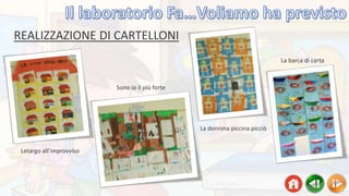 REALIZZAZIONE DI CARTELLONI
Letargo all’improvviso
La donnina piccina picciò
Sono io il più forte
La barca di carta
 