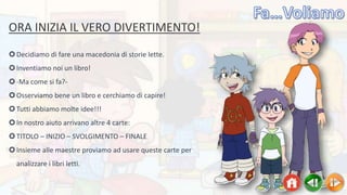 ORA INIZIA IL VERO DIVERTIMENTO!
Decidiamo di fare una macedonia di storie lette.
Inventiamo noi un libro!
-Ma come si fa?-
Osserviamo bene un libro e cerchiamo di capire!
Tutti abbiamo molte idee!!!
In nostro aiuto arrivano altre 4 carte:
TITOLO – INIZIO – SVOLGIMENTO – FINALE
Insieme alle maestre proviamo ad usare queste carte per
analizzare i libri letti.
 